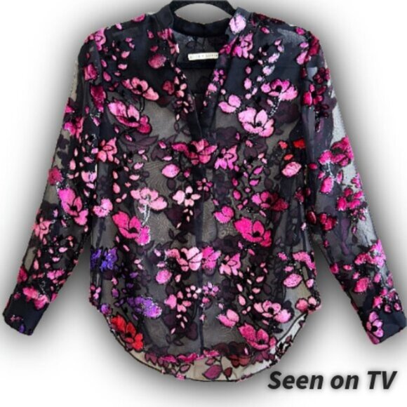 Alice + Olivia Velvet Flocked Sheer Chiffon Designer Blouse XS Black Seen on TV - Picture 1 of 12